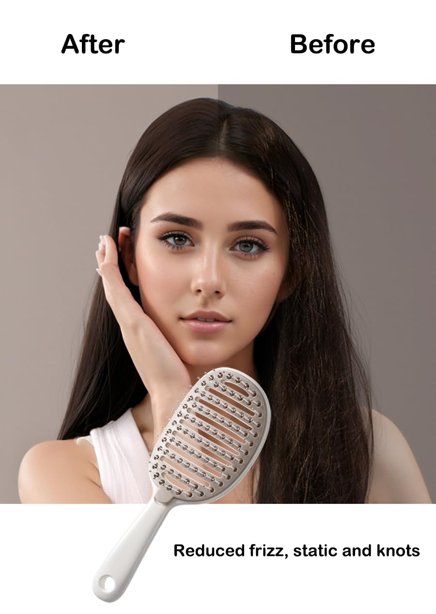 Self Cleaning Hair Brush, Easy Clean Detangling Brush, Curved Vented Detangler Brush for Faster Blow Drying for Women Men Kids, Wet & Dry Hair (White)
