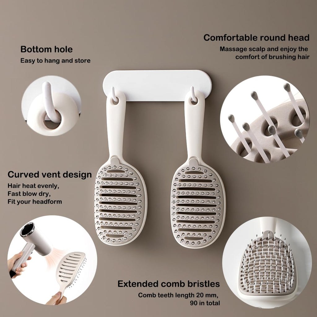 Self Cleaning Hair Brush, Easy Clean Detangling Brush, Curved Vented Detangler Brush for Faster Blow Drying for Women Men Kids, Wet & Dry Hair (White)