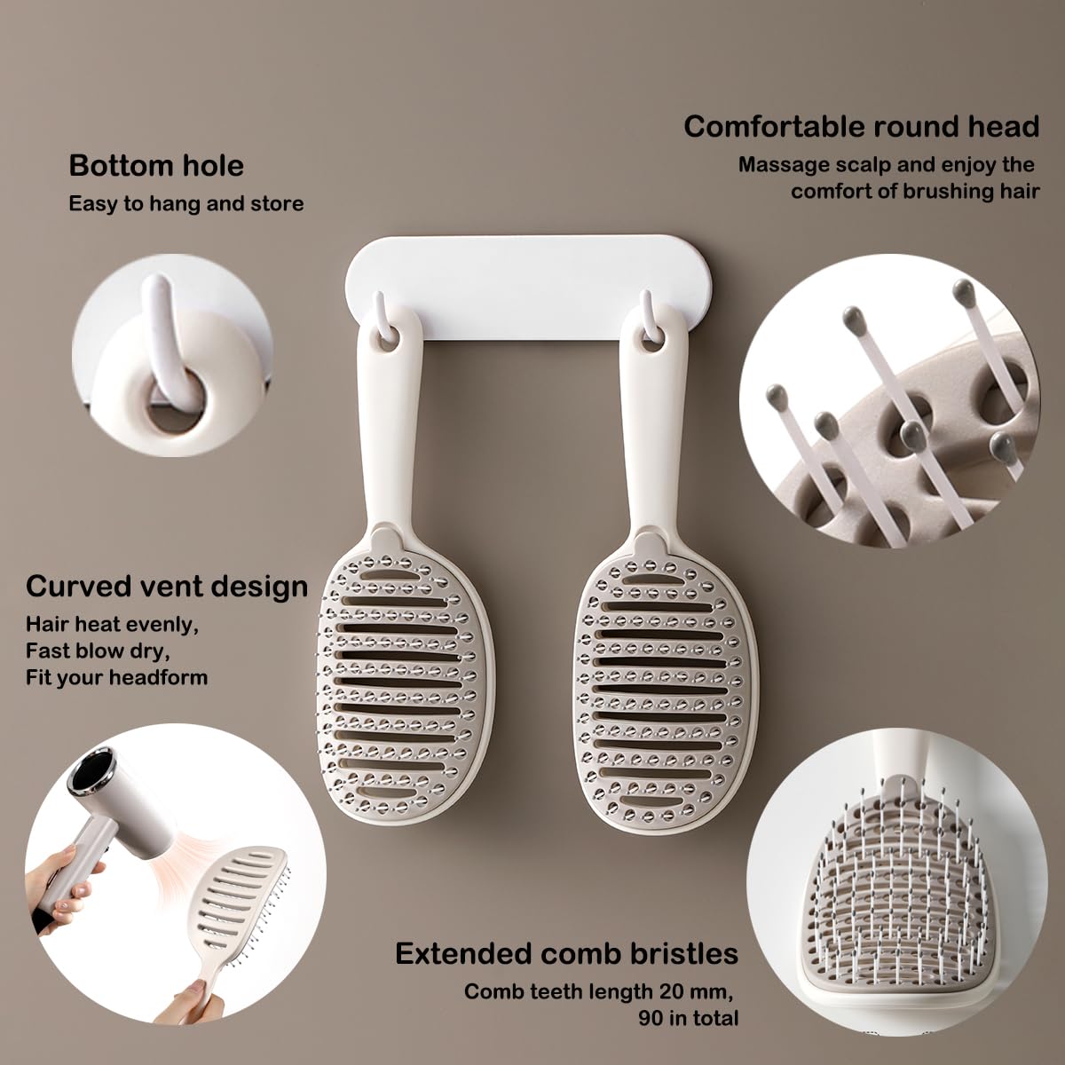 Self Cleaning Hair Brush, Easy Clean Detangling Brush, Curved Vented Detangler Brush for Faster Blow Drying for Women Men Kids, Wet & Dry Hair (White)