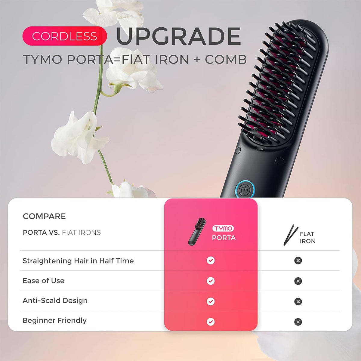 TYMO Cordless Hair Straightener Brush - Porta ECO Portable Straightening Brush for Travel, Mini Hot Straightening Comb for Women, Ceramic Coating, Lightweight for Touch-ups, Anti-Scald, Black