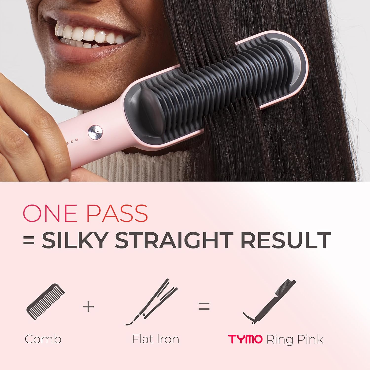 TYMO Ring Pink Hair Straightener Comb for Women, Hair Straightening Brush with Ceramic Coating, Smooth Frizz for Thick Curly Hair, Anti Scald, 20s Fast Heating, Lightweight for Travel, Gift for Girls