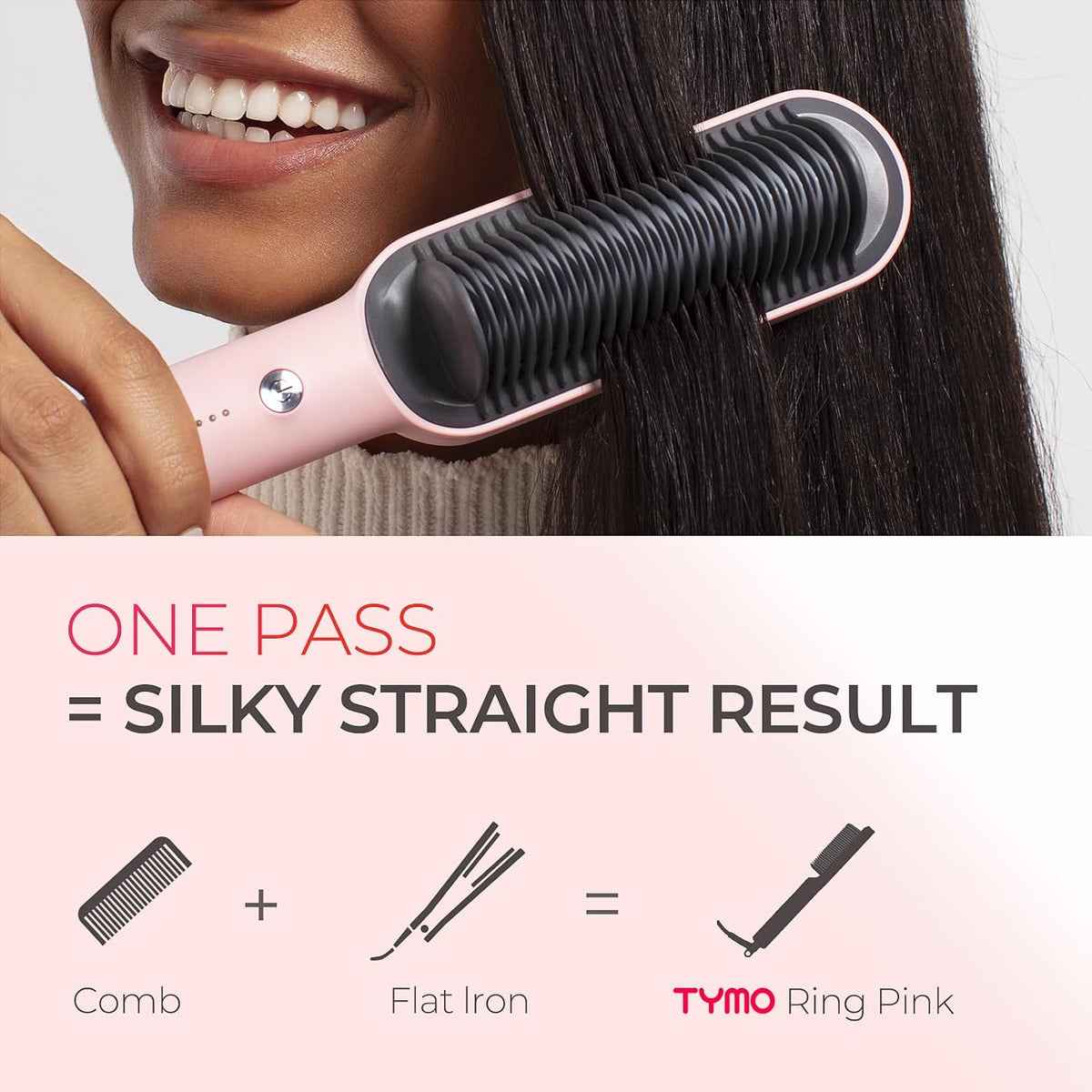 TYMO Ring Pink Hair Straightener Comb for Women, Hair Straightening Brush with Ceramic Coating, Smooth Frizz for Thick Curly Hair, Anti Scald, 20s Fast Heating, Lightweight for Travel, Gift for Girls